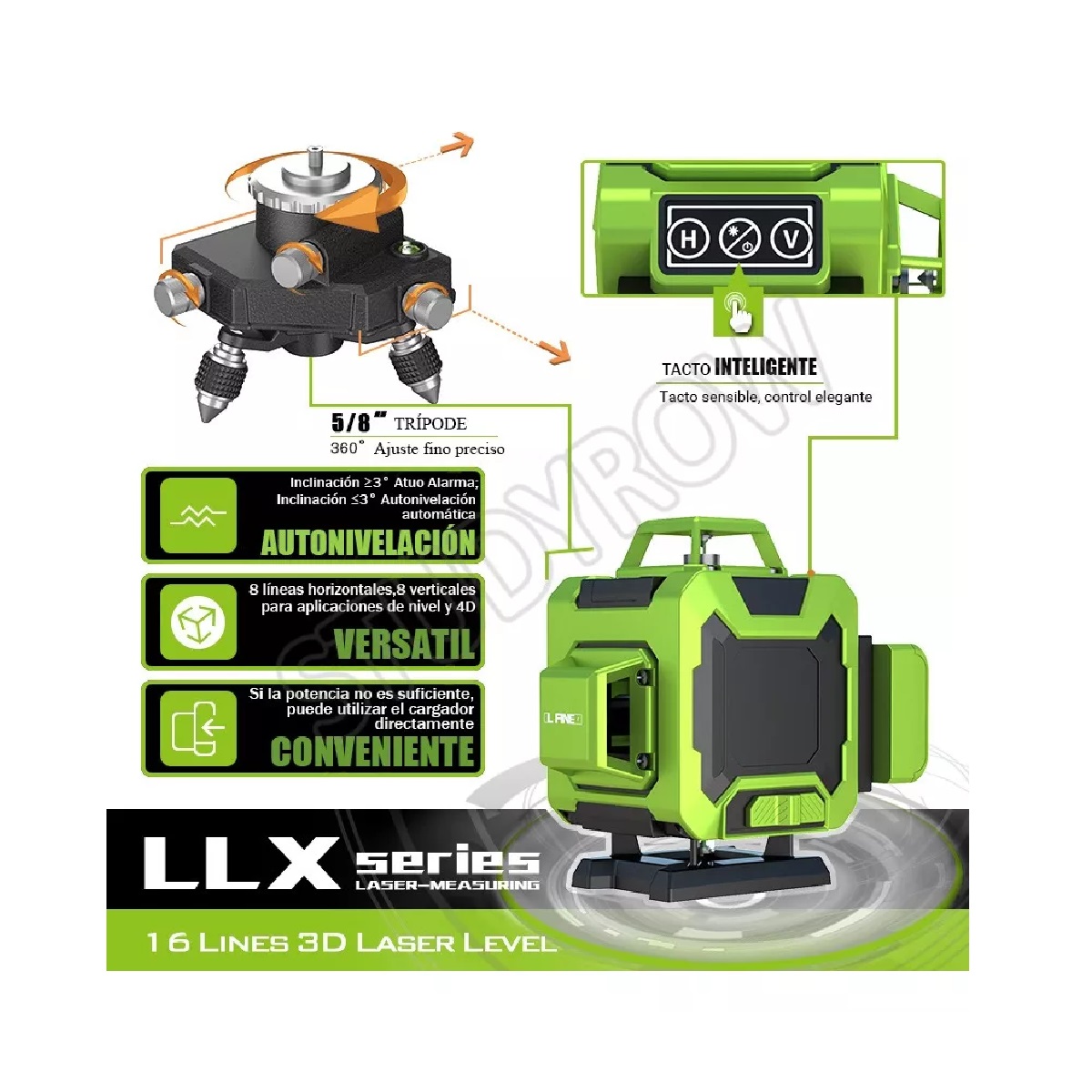 Nivel Laser Verde 4d 16 Líneas Autonivelante 2 Baterías Estuche