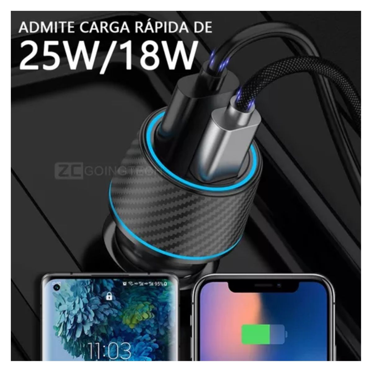 Cargador Para Auto 25w Y 18w Usb Tipo C Para iPhone Ngro/linea Verde