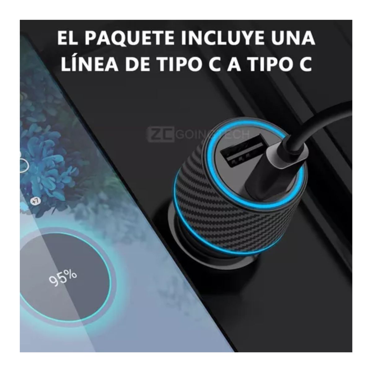 Cargador Para Auto 25w Y 18w Usb Tipo C Para iPhone Ngro/linea Verde
