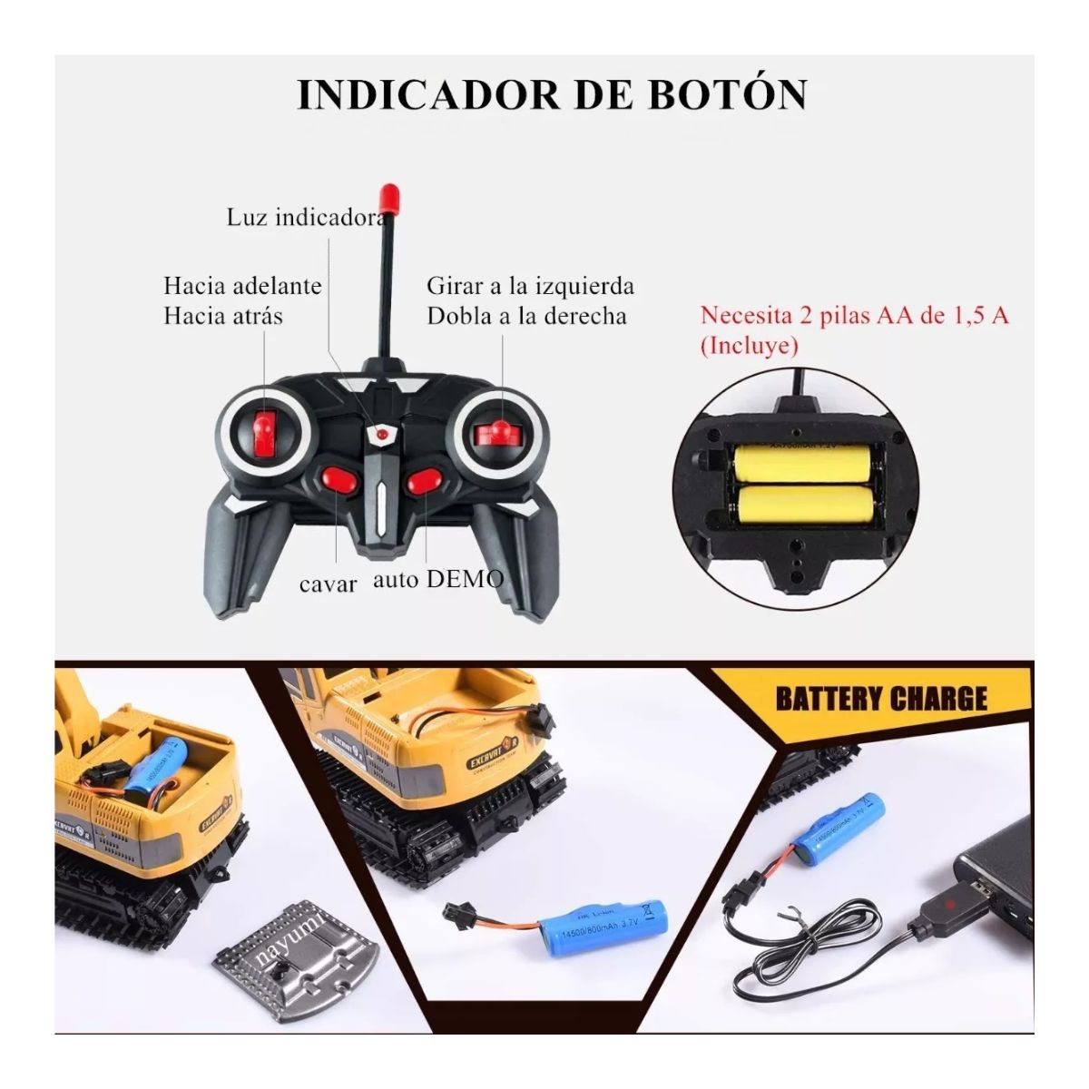 Juguete Excavadora Control Remoto 6 canal para niños, Amarillo/Negro