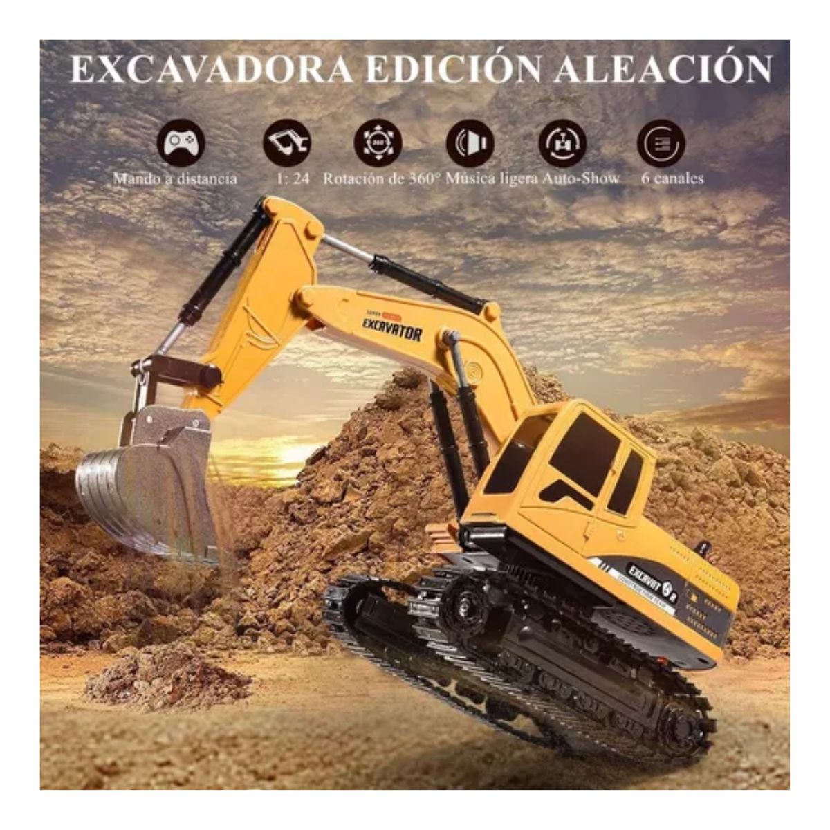 Juguete Excavadora Control Remoto 6 canal para niños, Amarillo/Negro