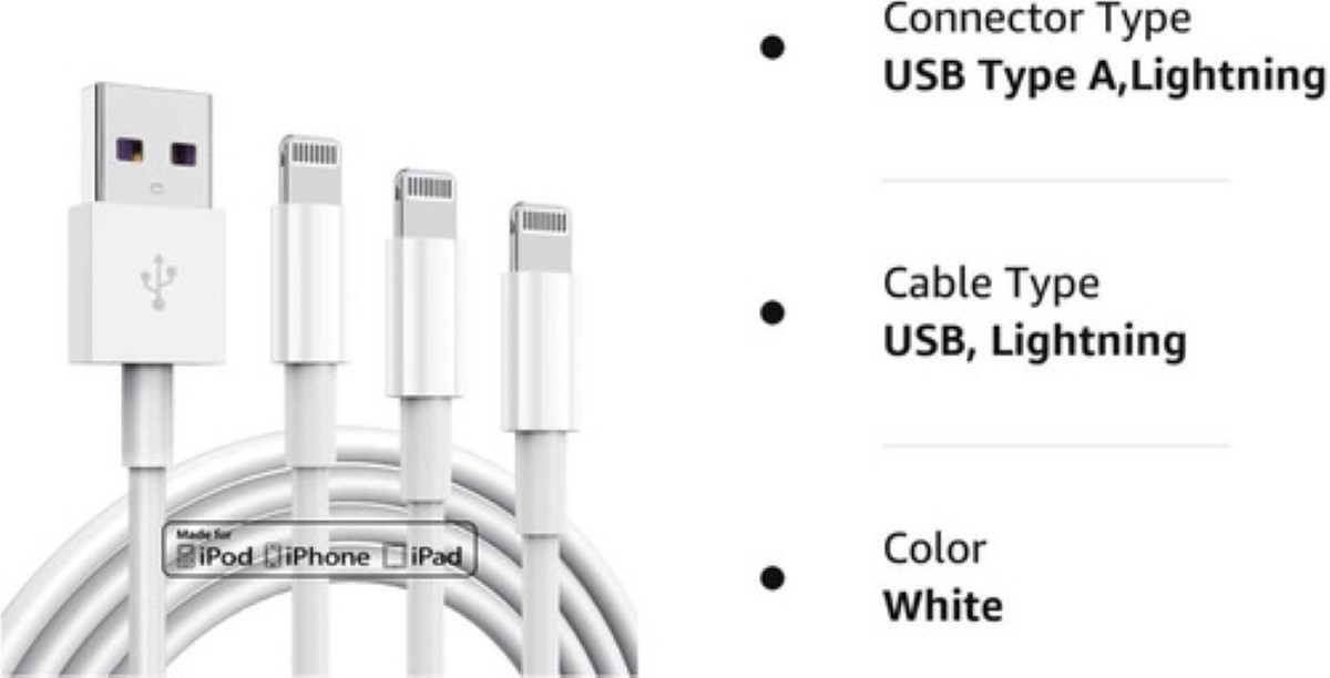 Cable De Cargador Usb Para iPhone iPad 12w Carga Rápida 3pzs Blanco