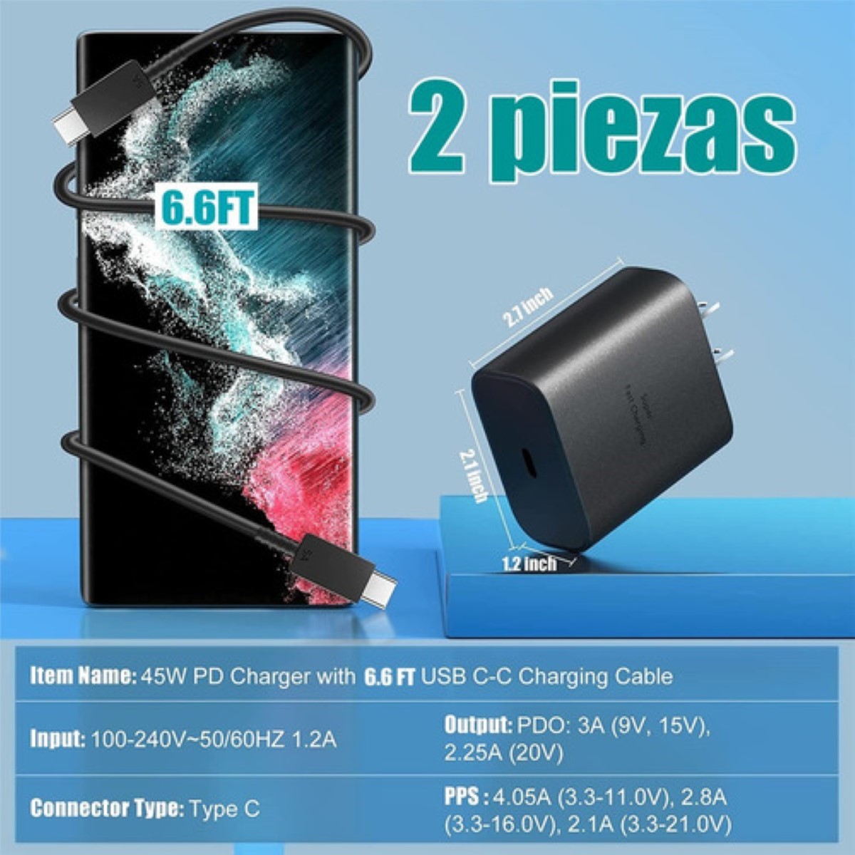 Cargador Tipo C De 45w Para Samsung S23 S23 Ultra 2 Piezas Negro