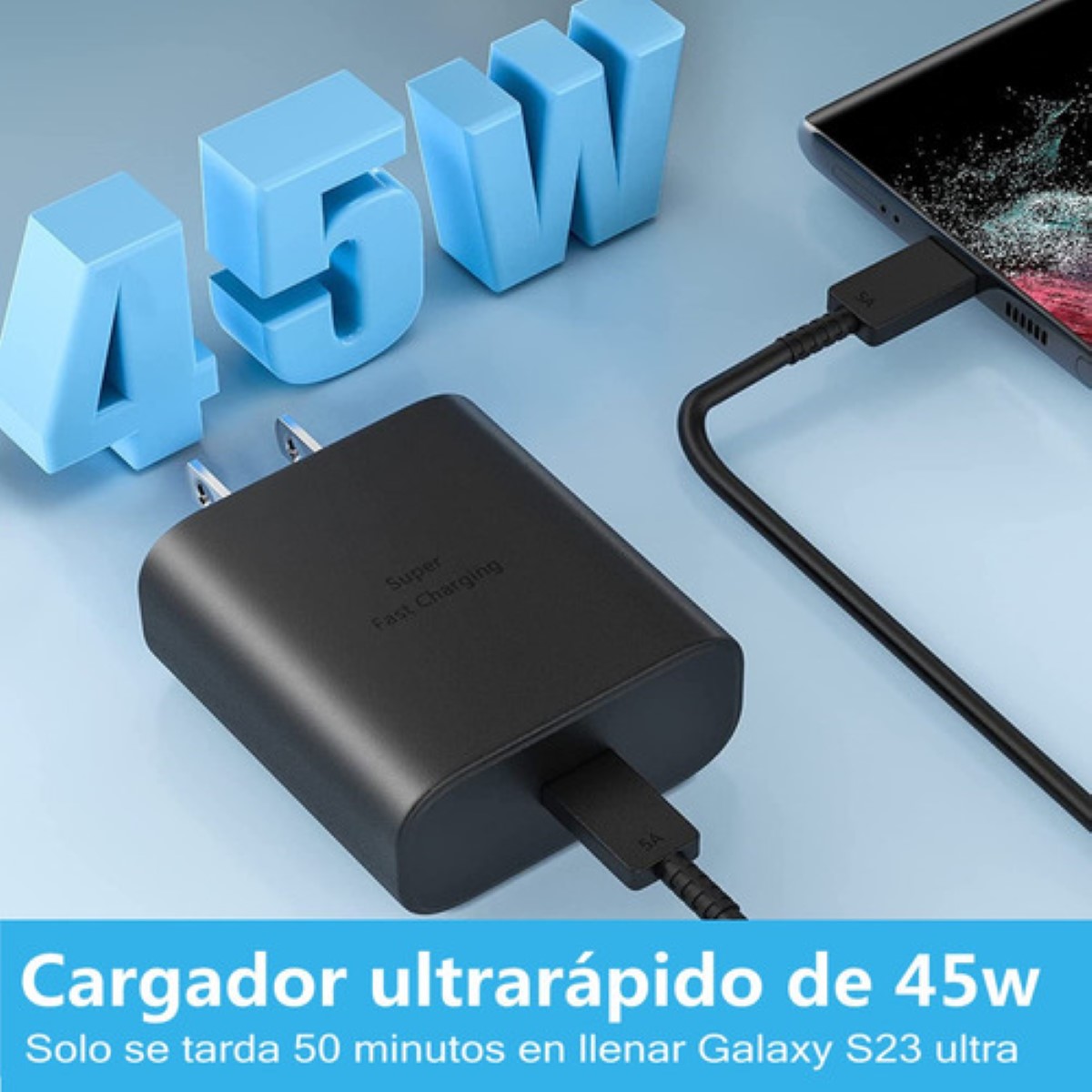 Cargador Super Carga Rápida Tipo C 45w Para Samsung S23 S23+ Negro