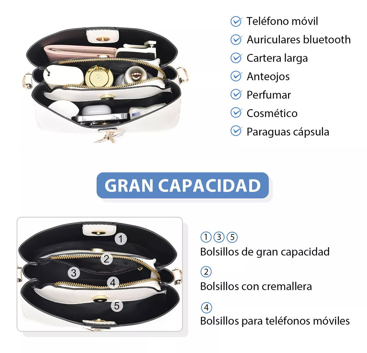Bolso Bandolera Blanco Mano Dama Cuero Impermeable De Viaje