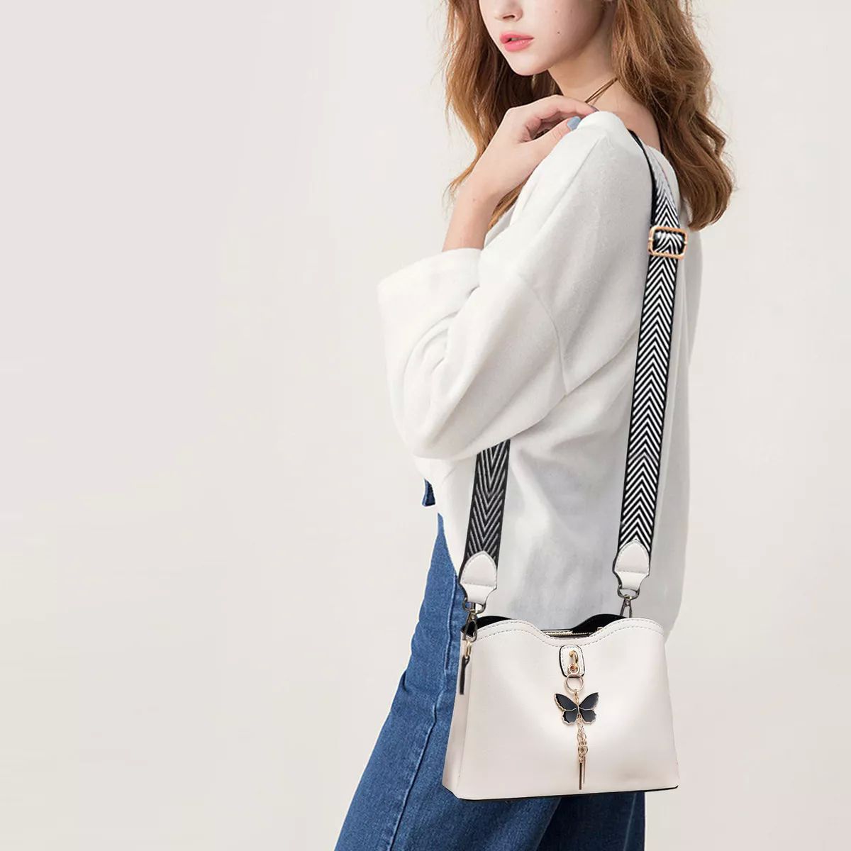 Bolso Bandolera Blanco Mano Dama Cuero Impermeable De Viaje