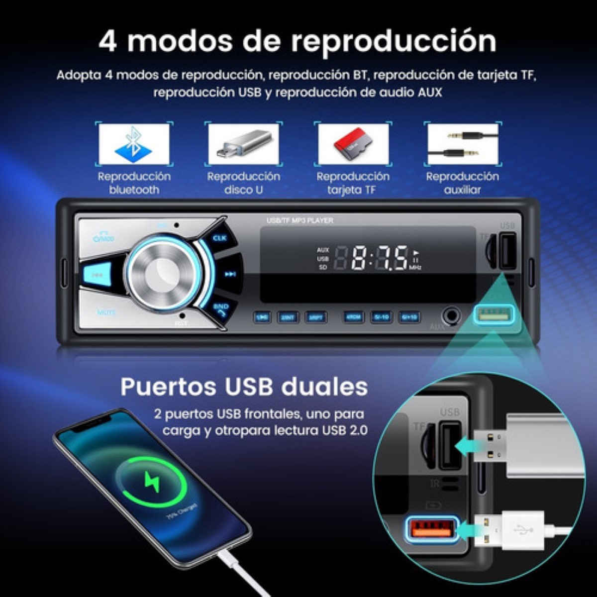 Estereo De Pantalla con Bluetooth Para Coche Carro Auto Player USB/SD/AUX/FM