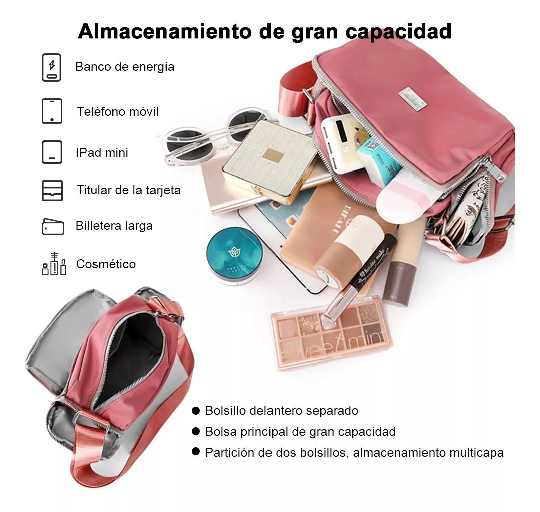 Bolsa Bandolera Mujer Moda Dama Crossbody Gran Capacidad color ROSA OSCURO.