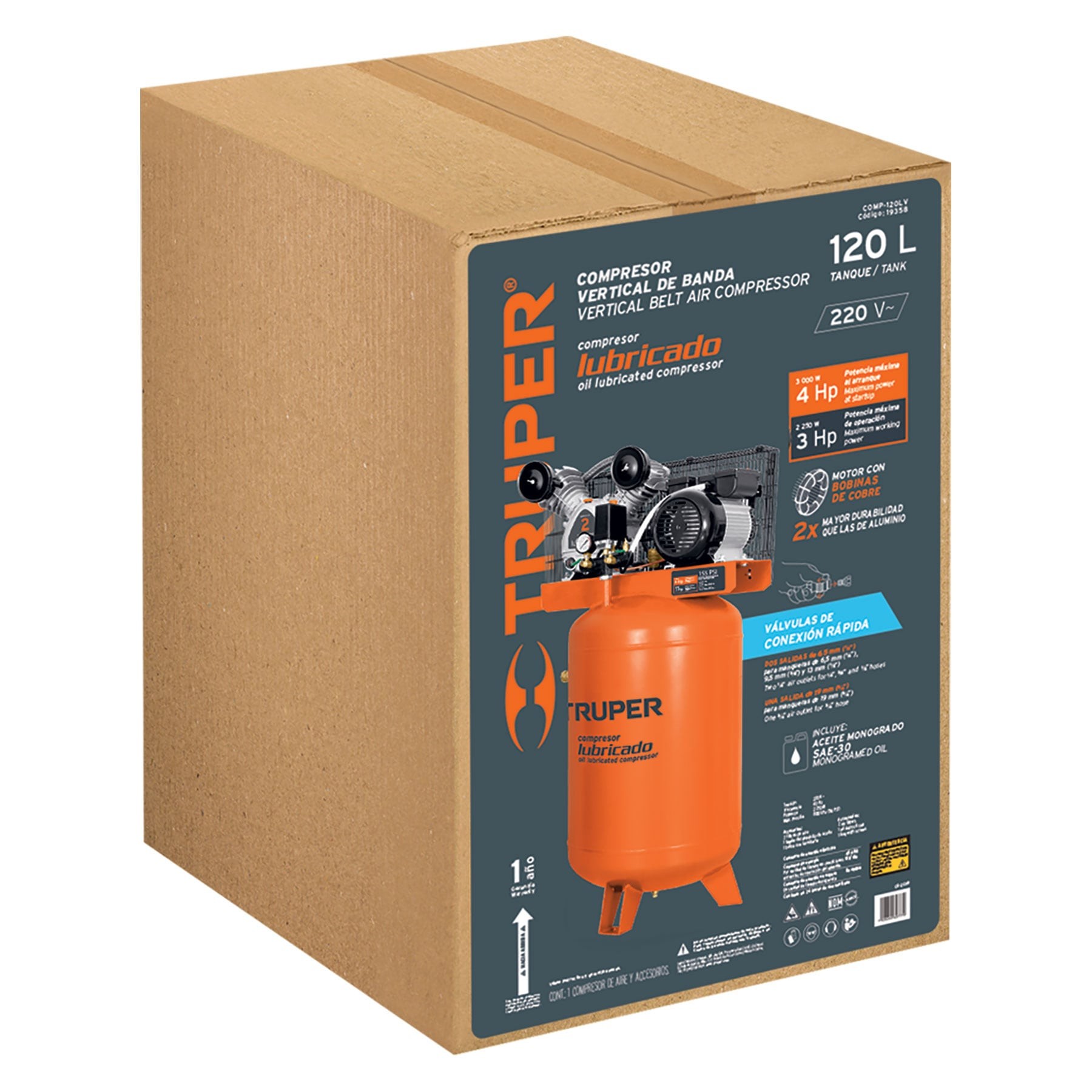 COMPRESOR LUBRICADO DE BANDA, VERTICAL 120L, 4HP 220V TRUPER 19358