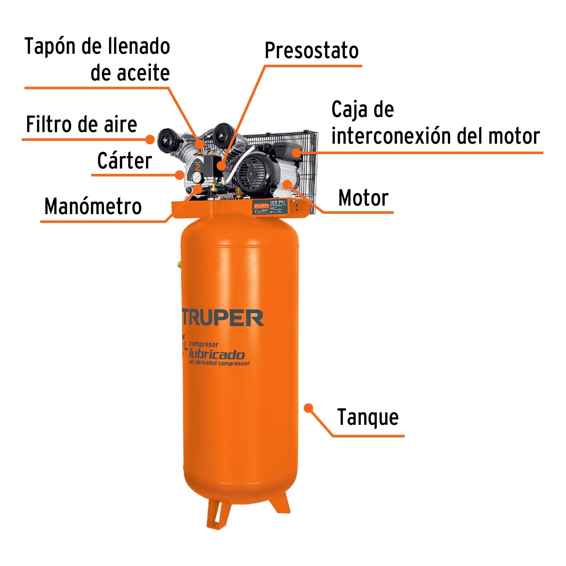 COMPRESOR LUBRICADO DE BANDA, VERTICAL 240L, 4HP 220V TRUPER 19366