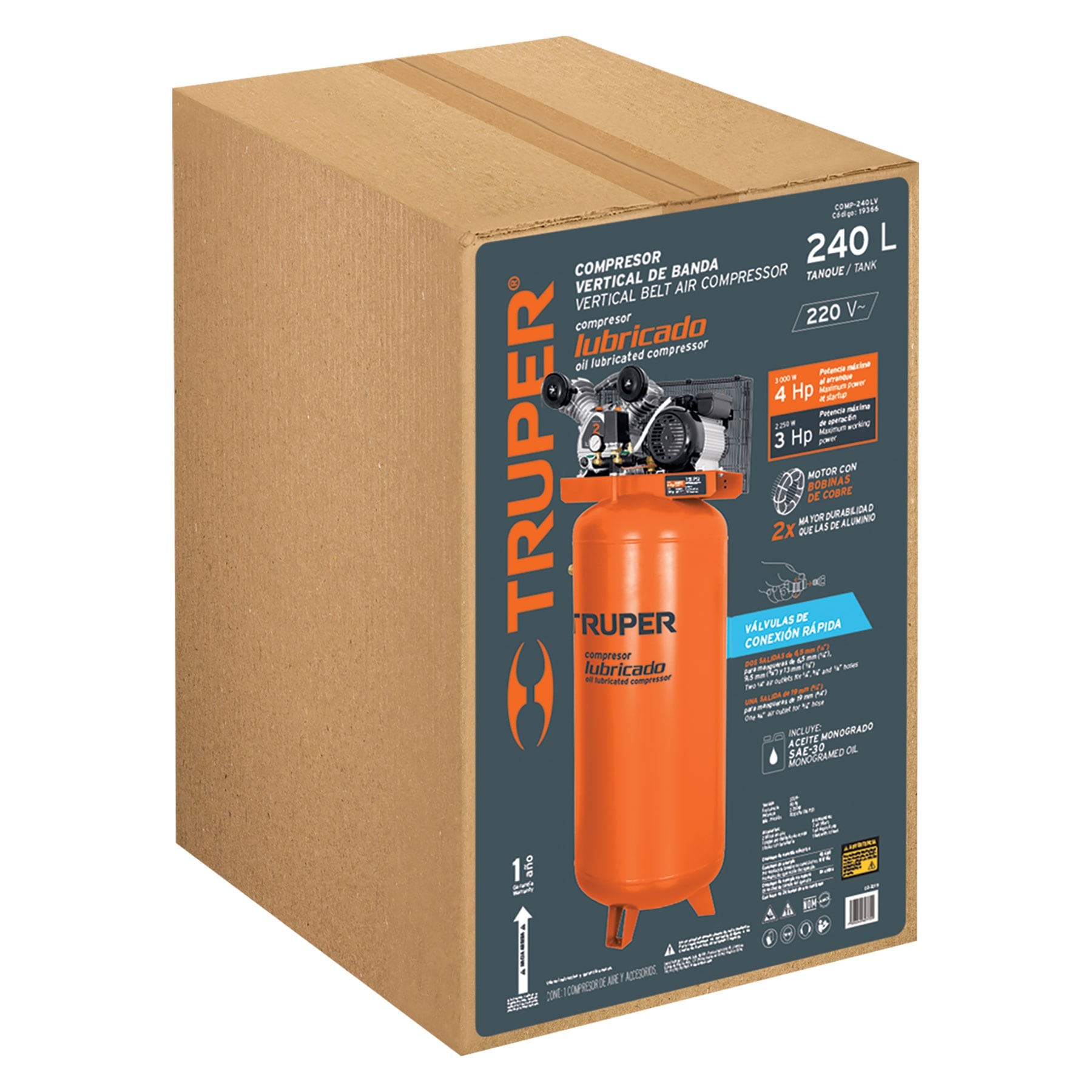 COMPRESOR LUBRICADO DE BANDA, VERTICAL 240L, 4HP 220V TRUPER 19366