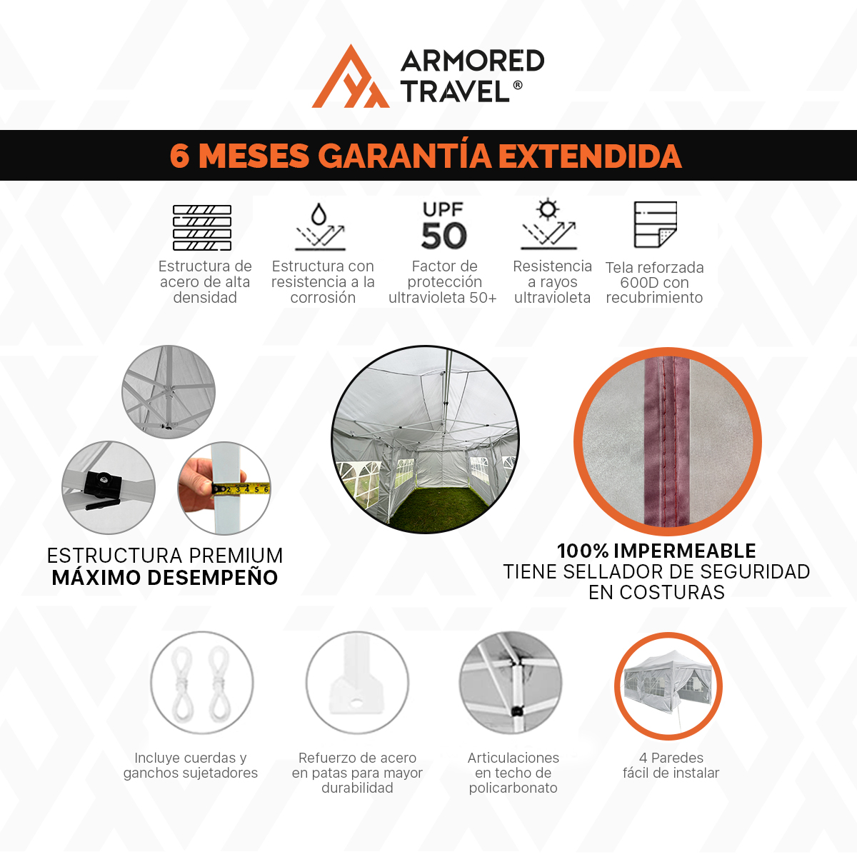 Toldo con paredes Carpa plegable retráctil 3x6 m premium para jardín eventos Reforzado con maleta Armored Travel.