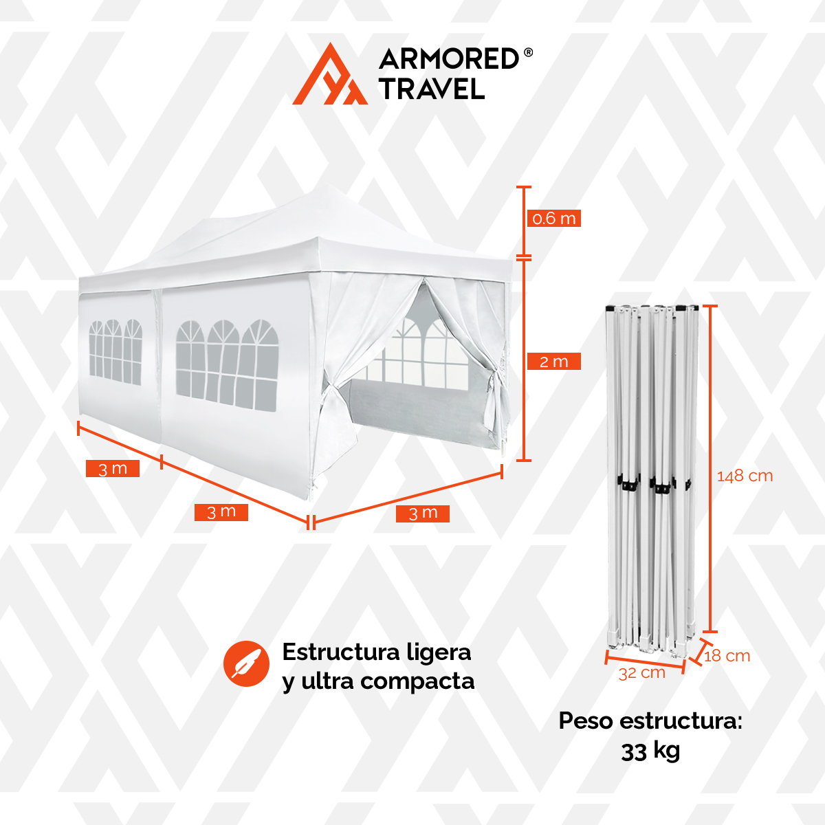 Toldo con paredes Carpa plegable retráctil 3x6 m premium para jardín eventos Reforzado con maleta Armored Travel.
