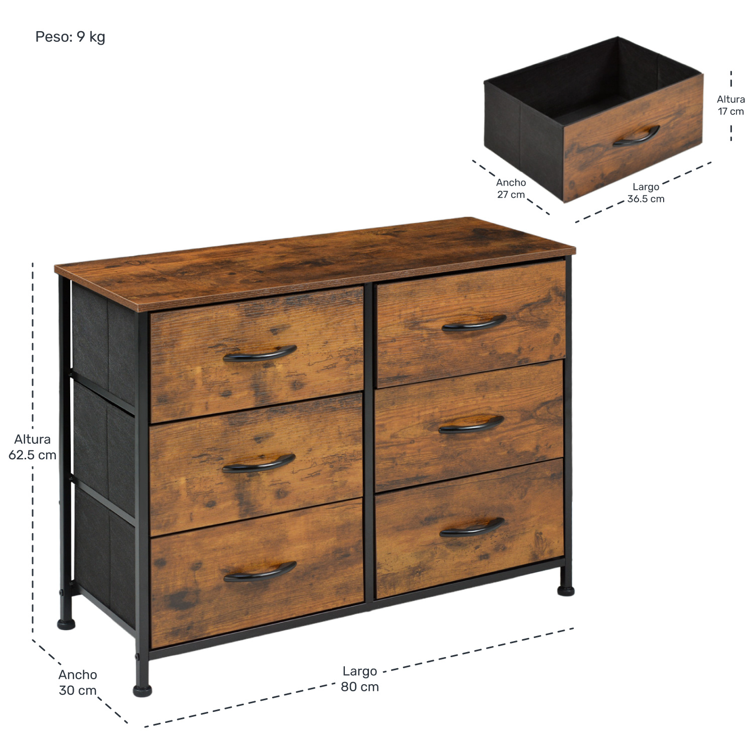 Comoda Cajonera Mueble 6 Cajones Metal Organizador Madera Cafe Claro