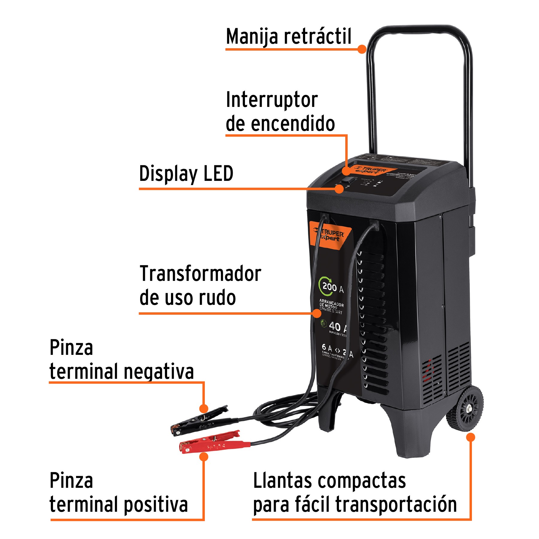 CARGADOR DE 200 A PARA BATERÍAS DE 12 V, CON RUEDAS, TRUPER EXPERT 19589