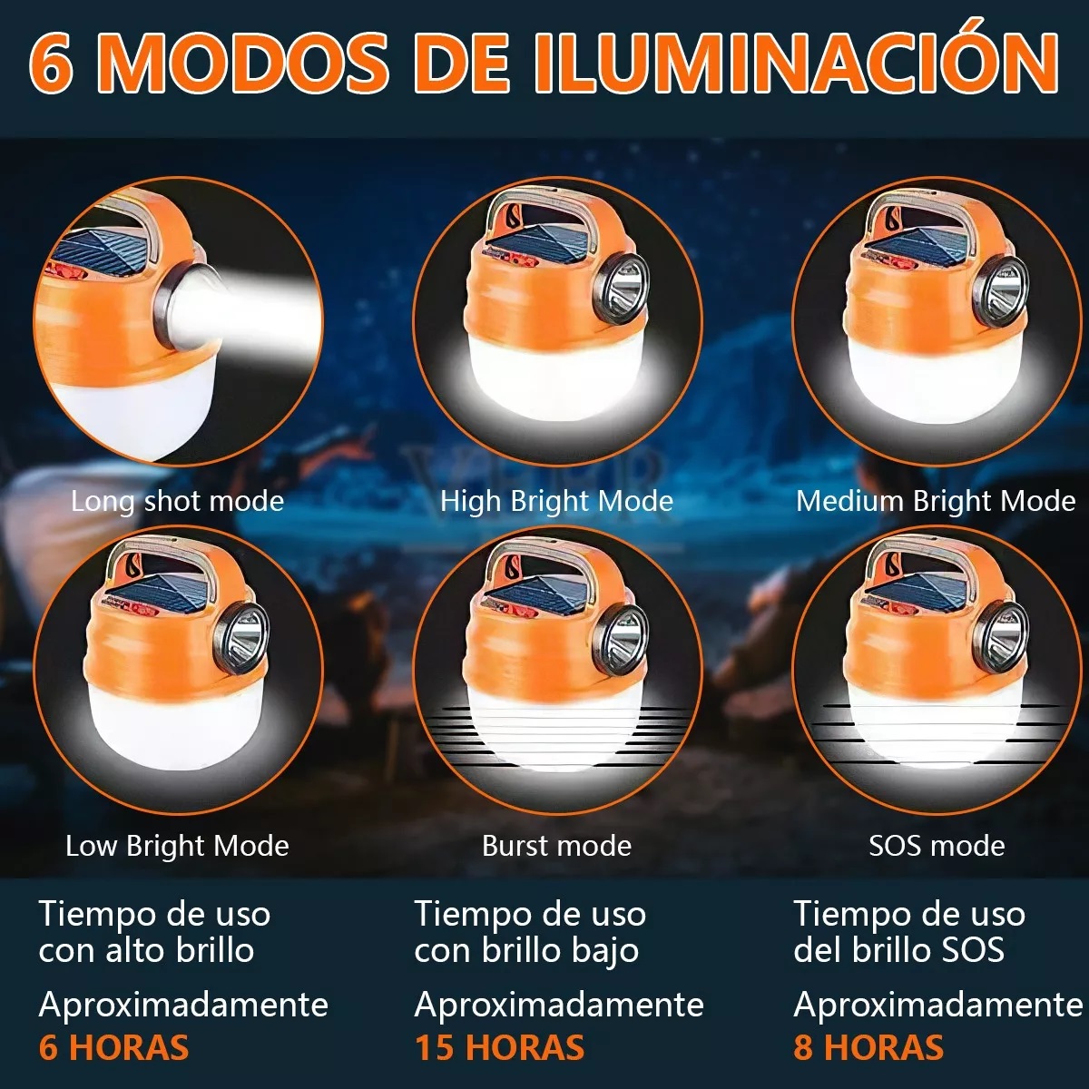 Lámpara Recargable Solar Linterna Camping Led Para Acampar Naranja