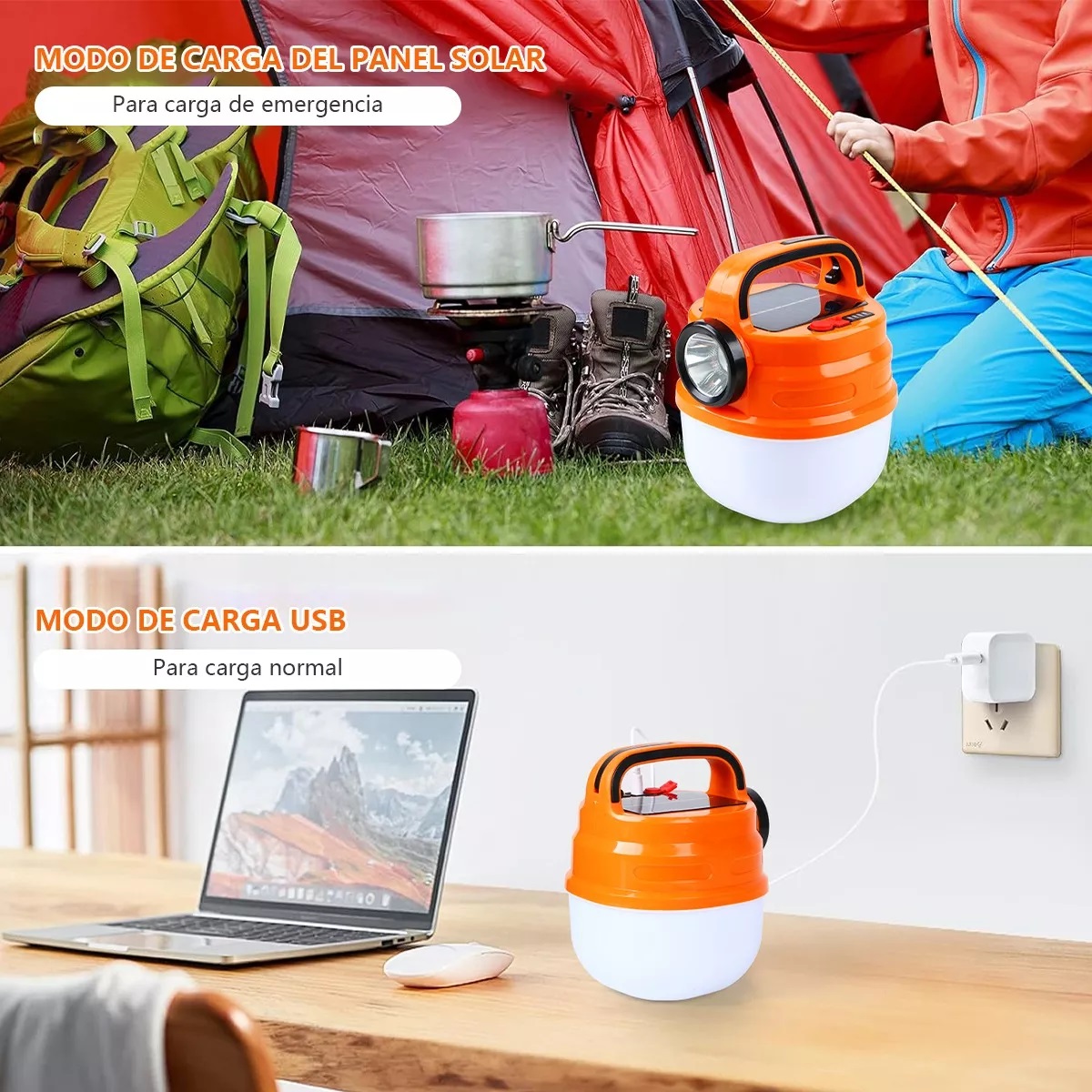 Lámpara Recargable Solar Linterna Camping Led Para Acampar Naranja