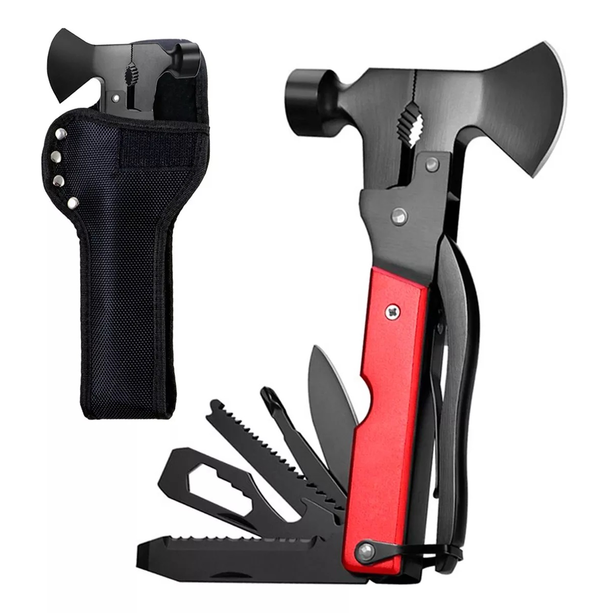 Hacha Martillo Multiusos Navaja16 En 1 Color Negro con Rojo