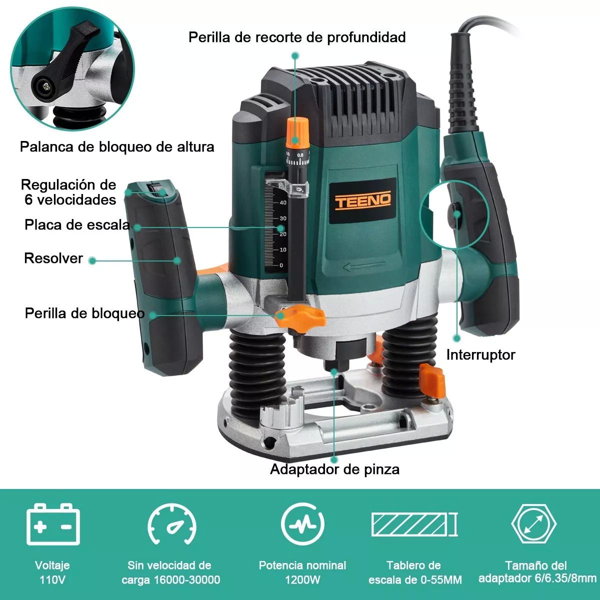 Router Teeno 60085 1200w 110v Con 12 Accesorios