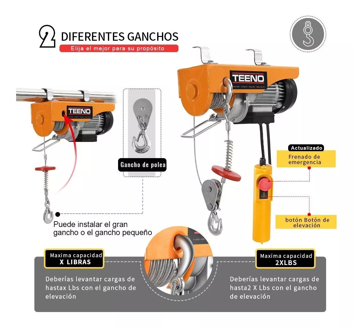 Polipasto Eléctrico Teeno De Carga De 200 Kilos, 20 M, 110v