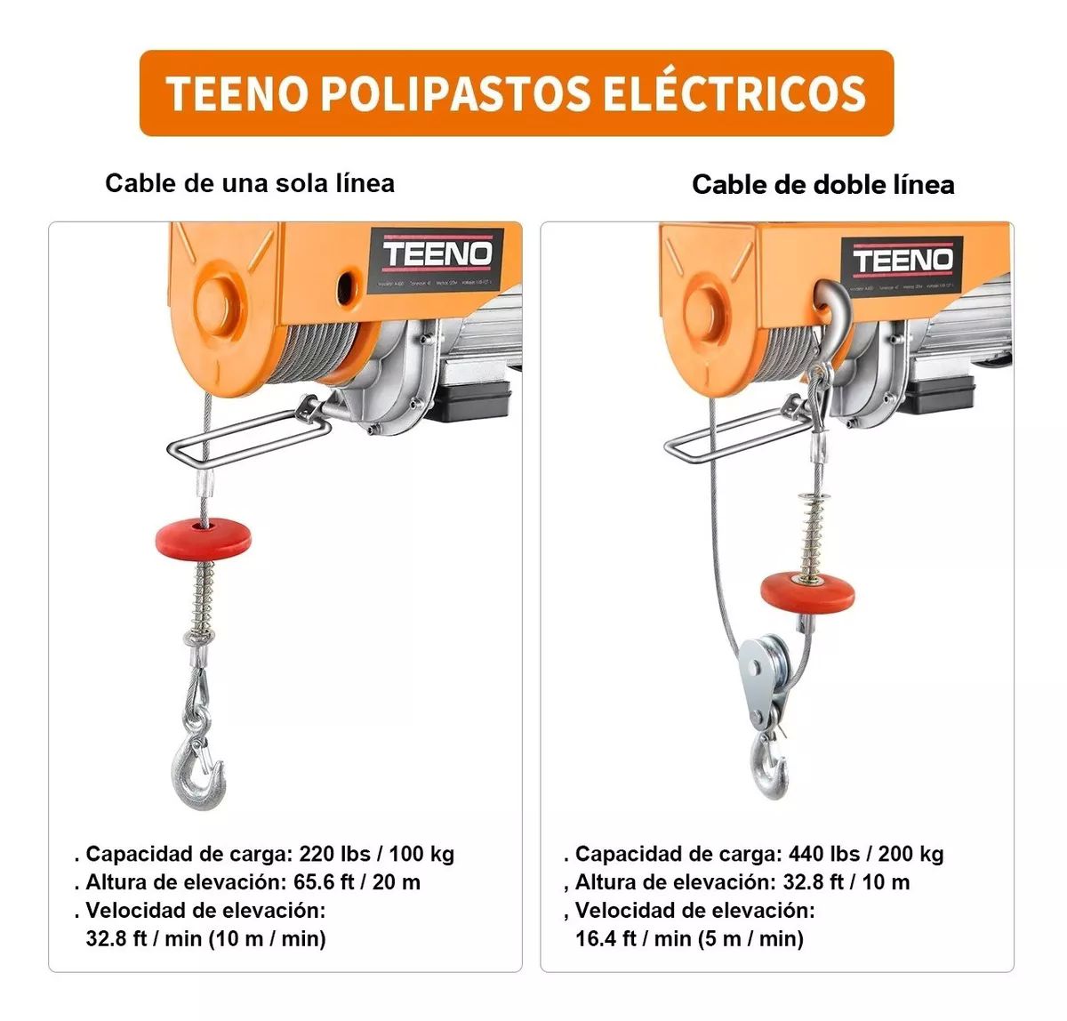 Polipasto Eléctrico Teeno De Carga De 200 Kilos, 20 M, 110v