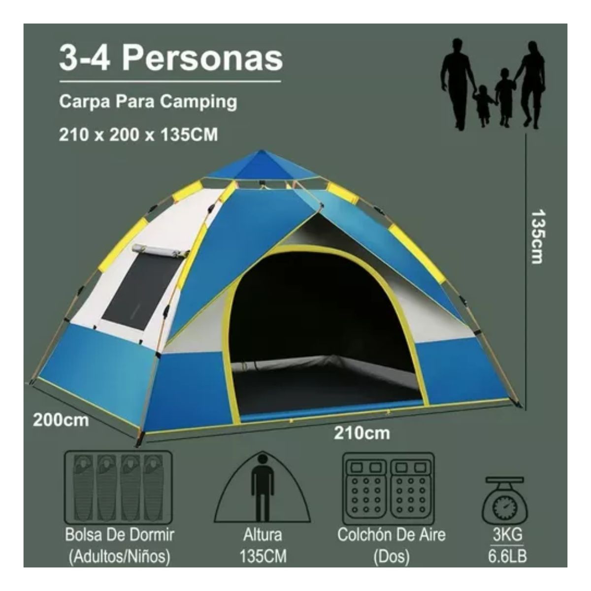 Casa De Campaña para 4 Personas Grande Camping, Multicolor