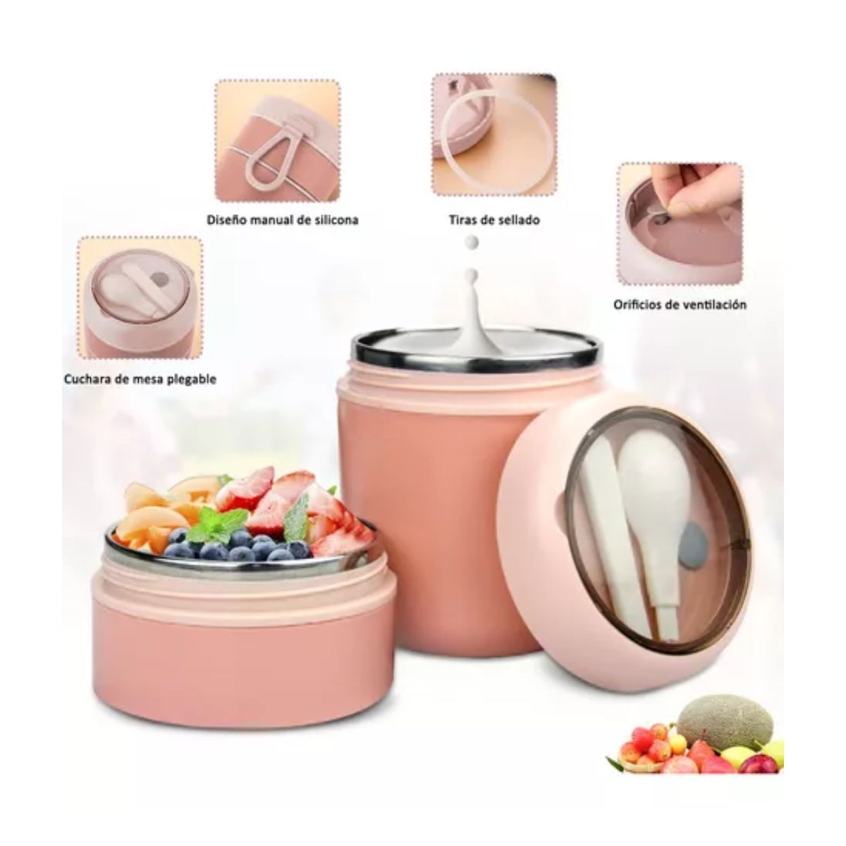 Lonchera Termica Acero Inoxidable De 710ml Incluye Cuchara Rosa