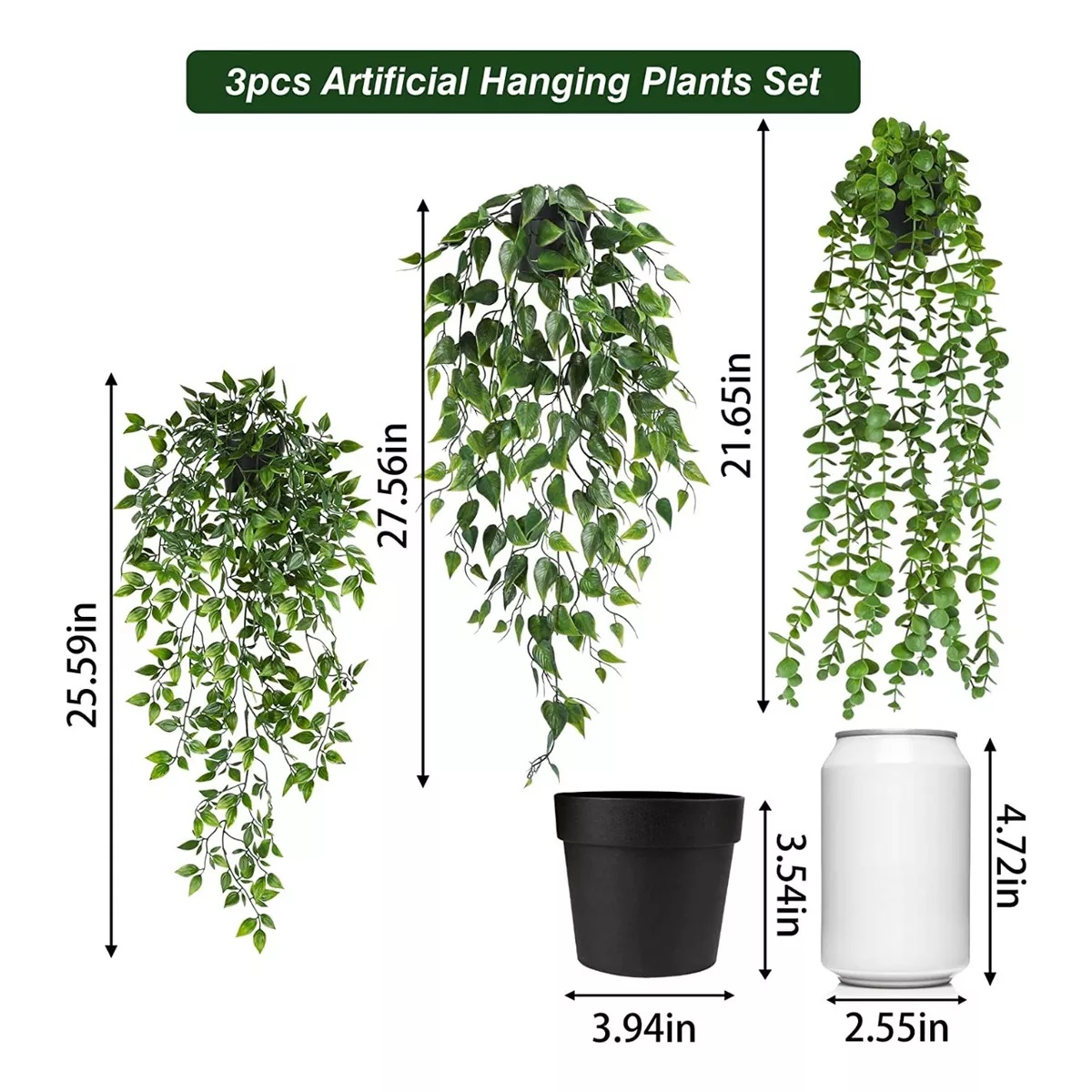 Set Plantas Artificiales Colgantes Decorativa Con Macetas 3 Pcs
