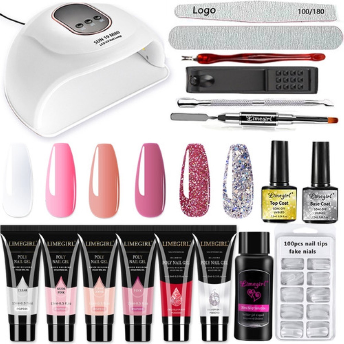 Kit Glitter Polygel Con Lámpara Led/uv + Utensilios Manicura