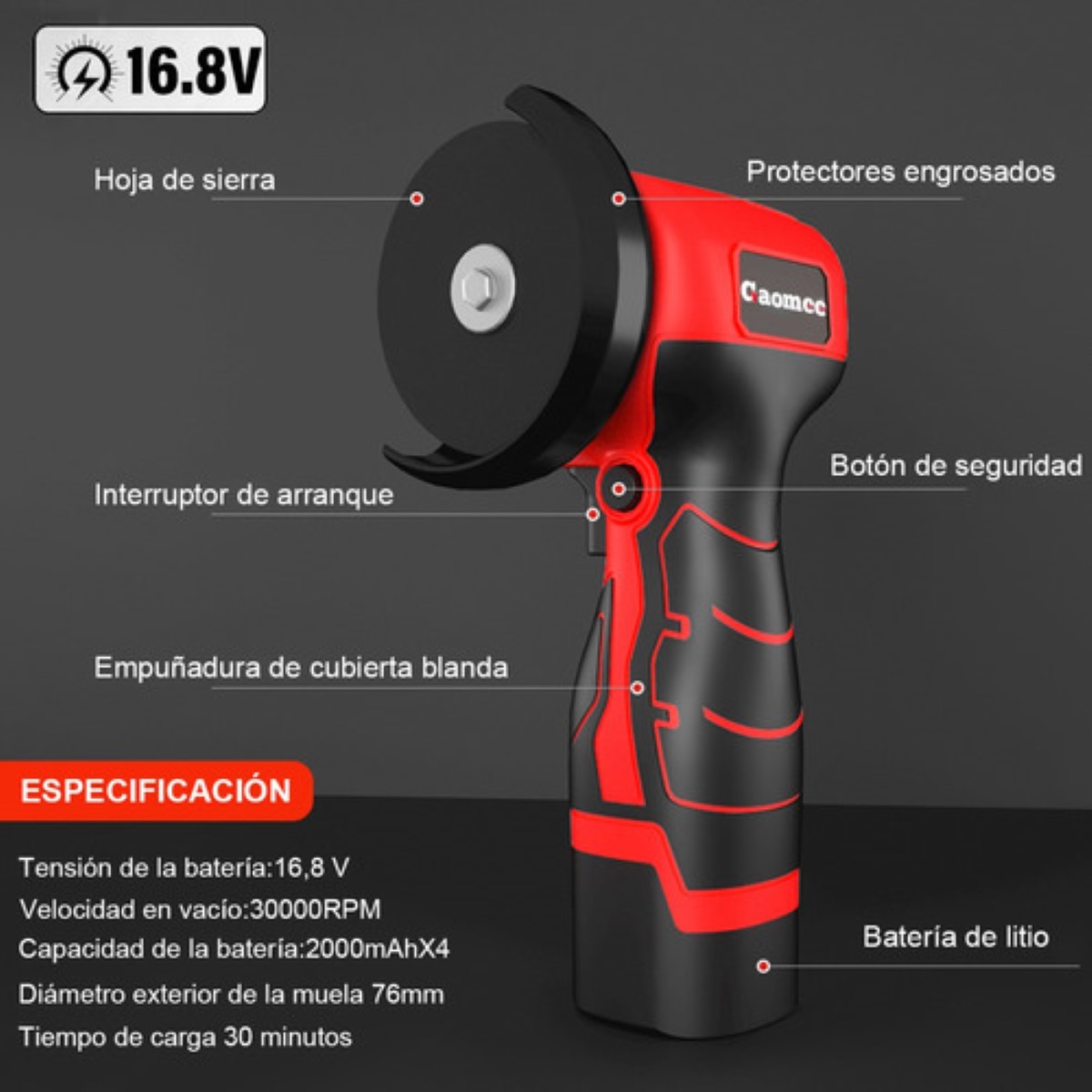 Mini Pulidora Esmeril Angular Inalámbrica 16.8v76mm2 Batería Negro/Rojo