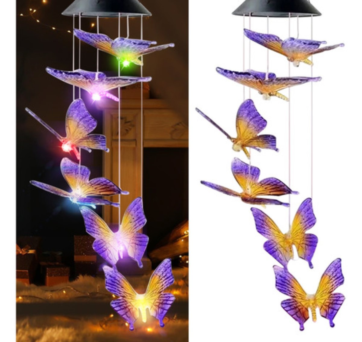 Luz Al Aire Libre Del Carillón Viento Solar Mariposa Morado,Dorado base Negra 