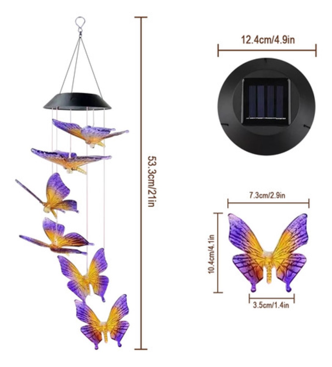 Luz Al Aire Libre Del Carillón Viento Solar Mariposa Morado,Dorado base Negra 