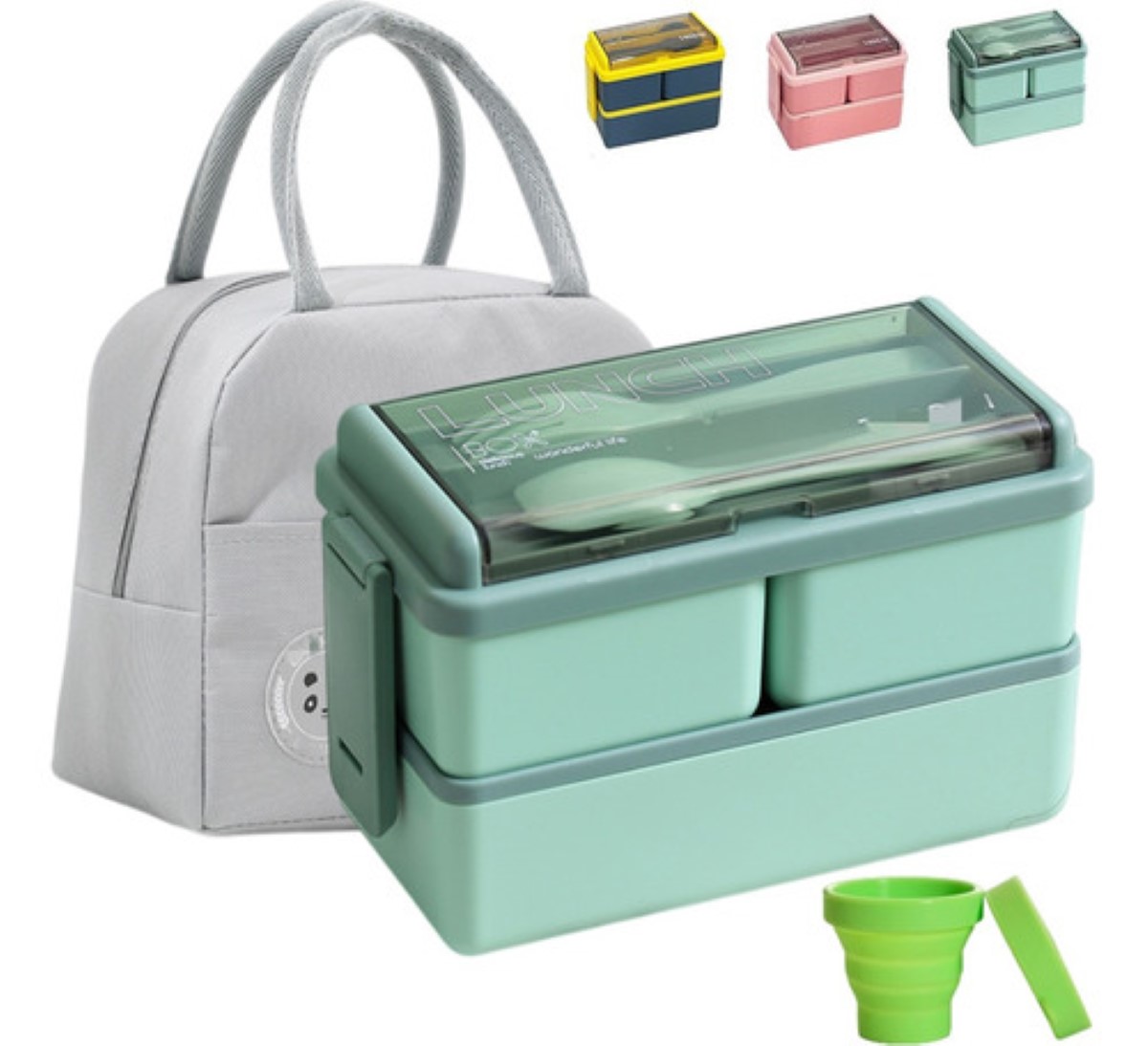 Lunch Box 2 Niveles Loncheras Topper 1400ml Y Bolsas+ Taza Verde Gris