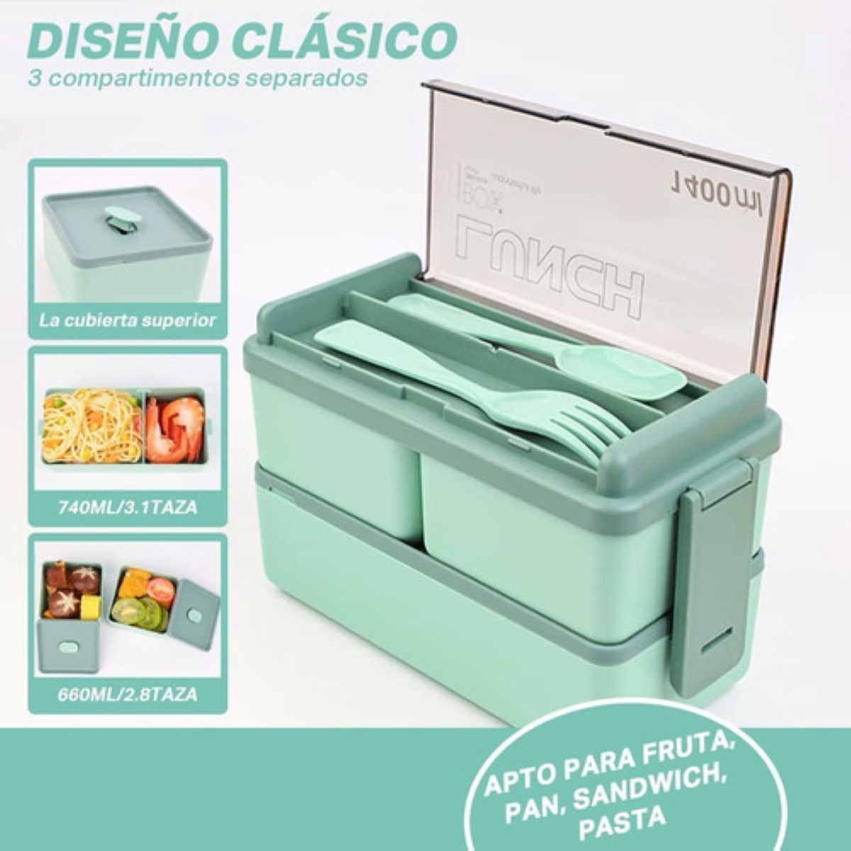 Lunch Box 2 Niveles Loncheras Topper 1400ml Y Bolsas+ Taza Verde Gris