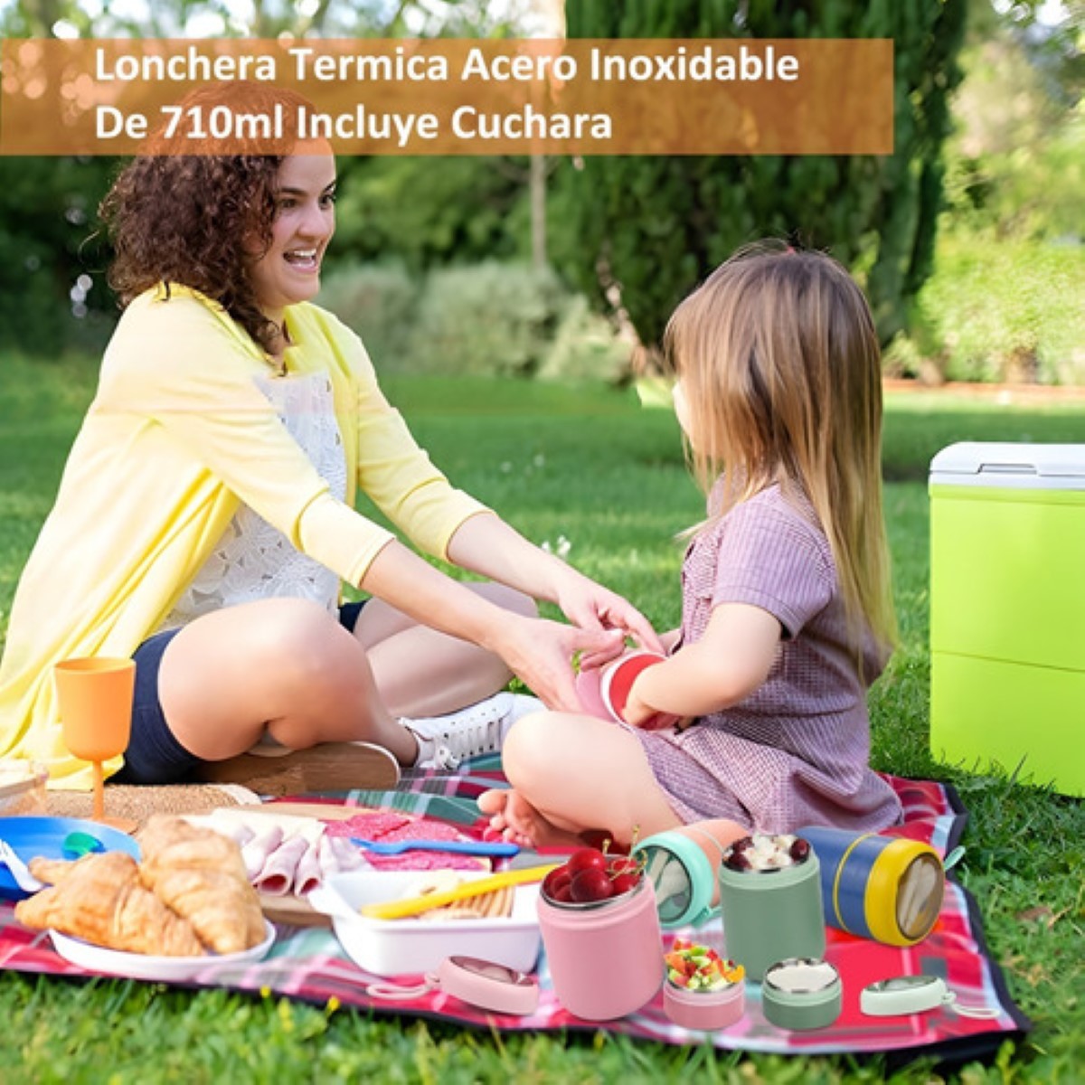 Lonchera Termica Acero Inoxidable De 710ml Incluye Cuchara Rosa/Verde