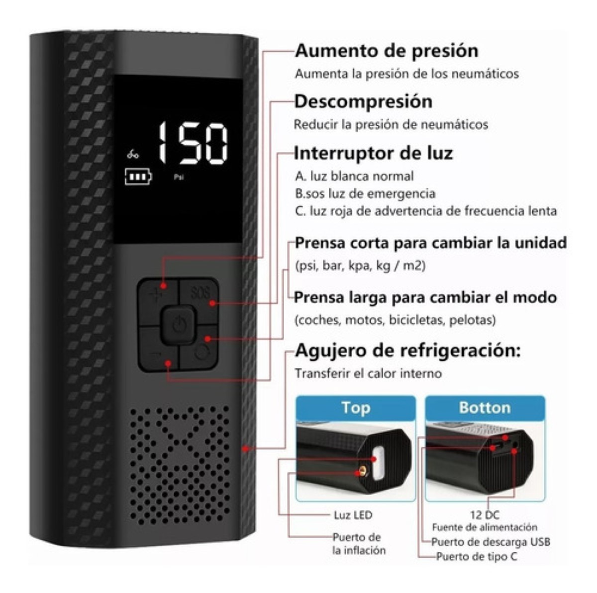 Bomba De Aire Inalámbrica Para Inflar Llantas Y Motocicleta