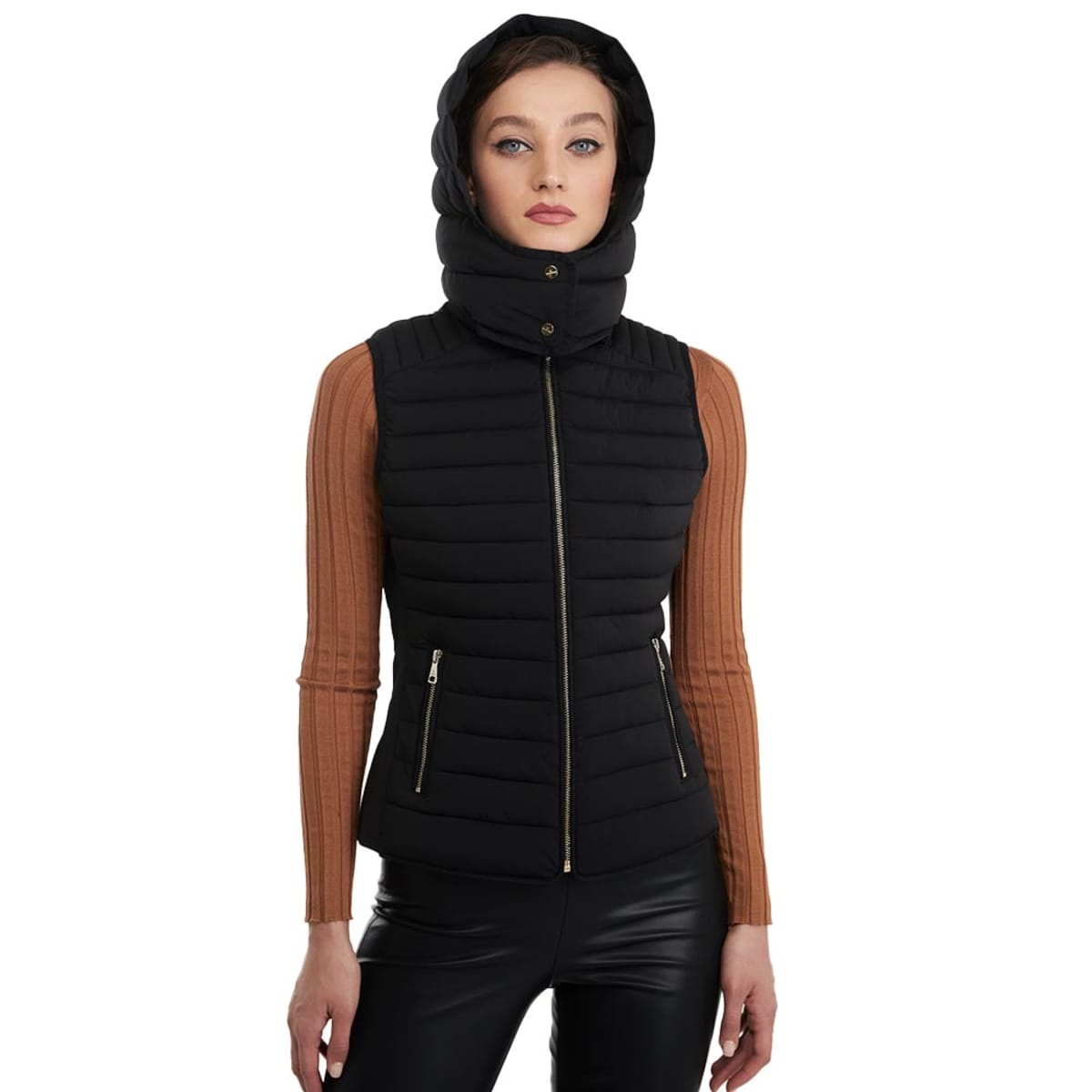 Chaleco acolchado color negro, con capucha, para mujer, marca