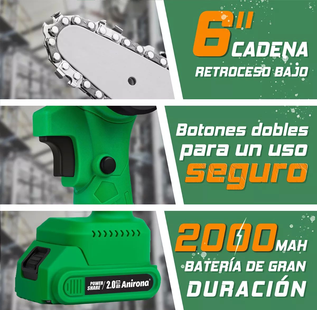 Motosierra Eléctrica Inalámbrica 6'' Con 2 Baterías Anirona.