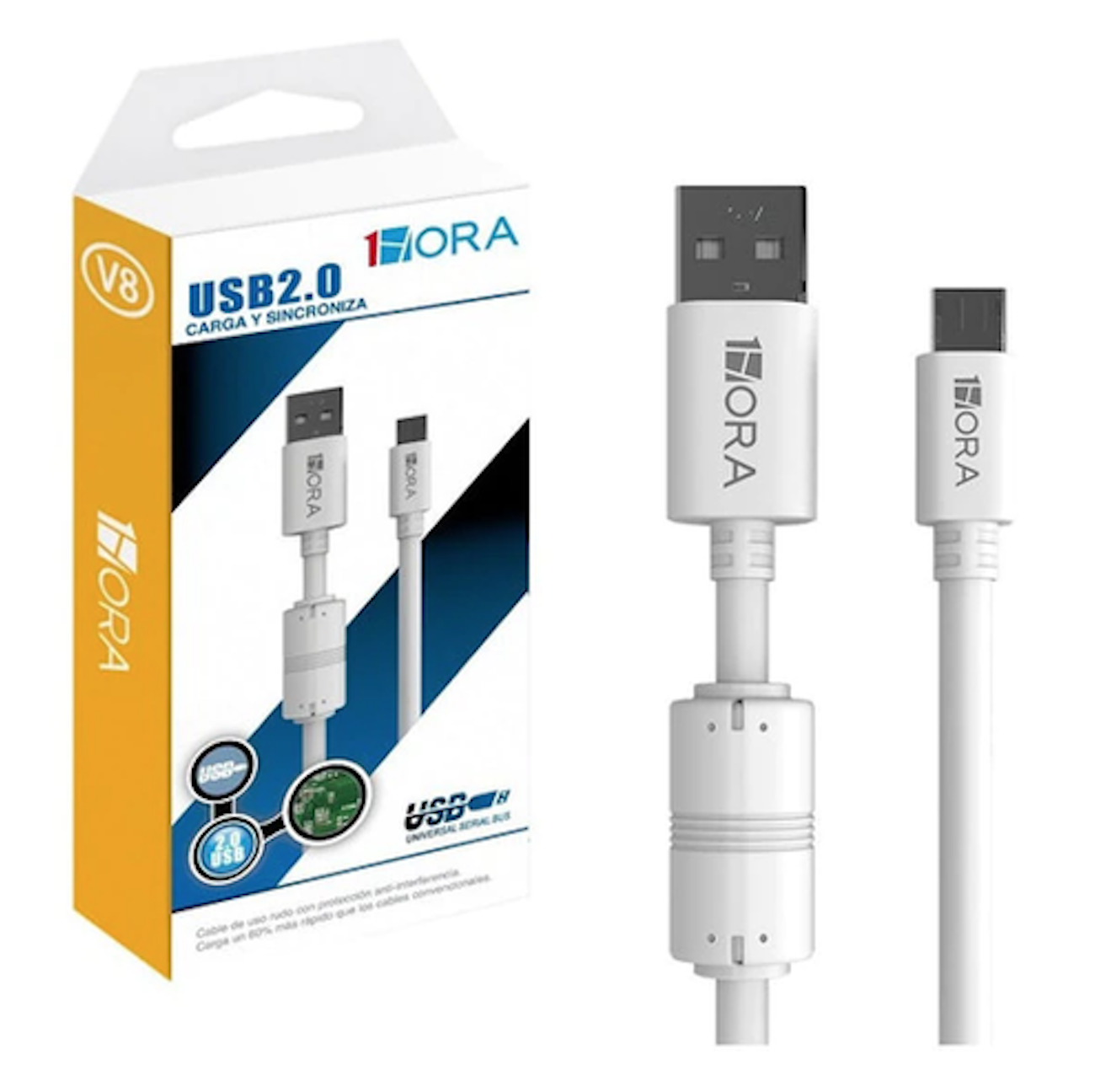 Paquete 2 Cables 1 Hora Filtro 1x MicroUSB, 1x Tipo C 1m Blanco Combo Pack Kit Set