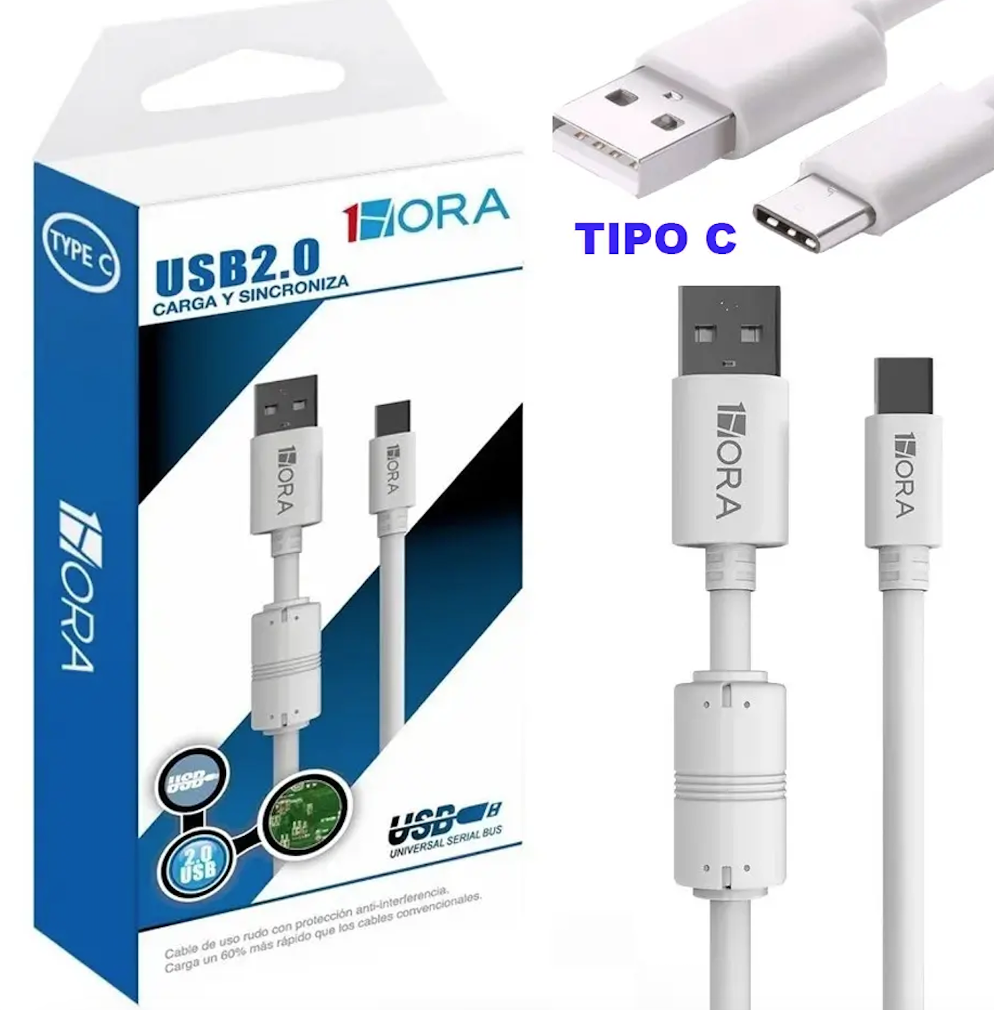 Paquete 2 Cables 1 Hora Filtro 1x MicroUSB, 1x Tipo C 1m Blanco Combo Pack Kit Set