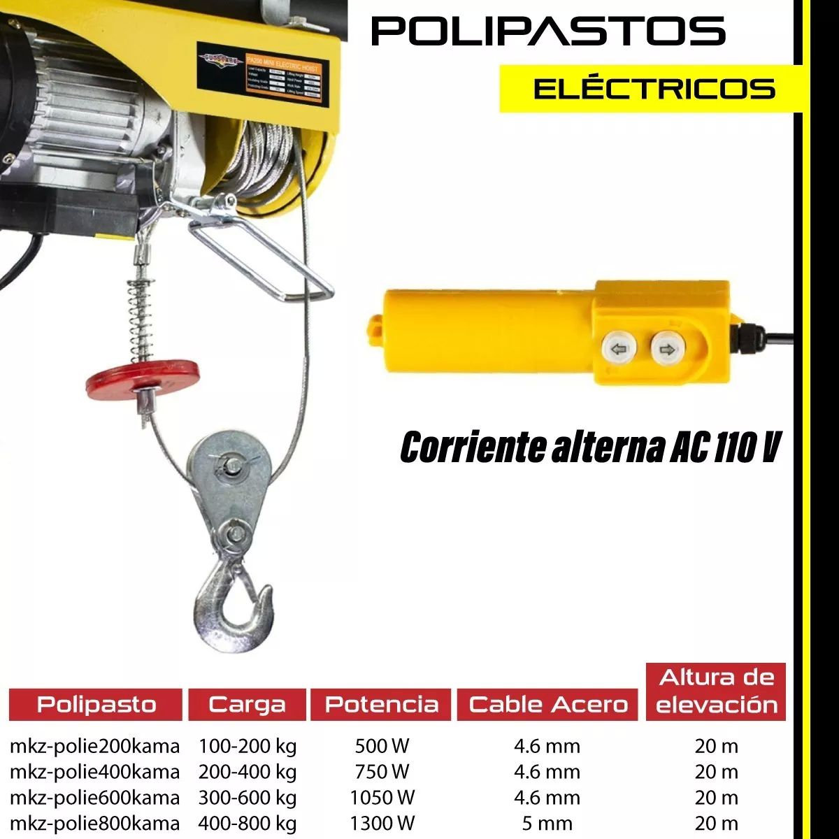 Polipasto Electrico 100 A 200kg Cable 20 M Garrucha 110 V