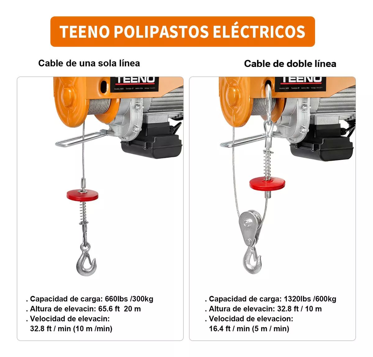 Polipasto Eléctrico Teeno De Carga De 600 Kilos, 20 M, 110v