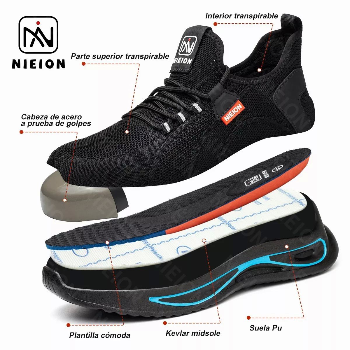 Zapatos De Seguridad Tenis De Fibra Transpirables Nieion TALLA 27 color NEGRO
