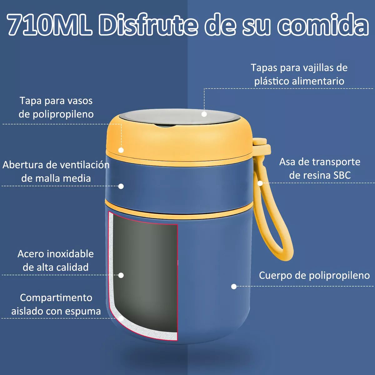 Lonchera Termica Acero Inoxidable De 710ml Incluye Cuchara color AZUL.
