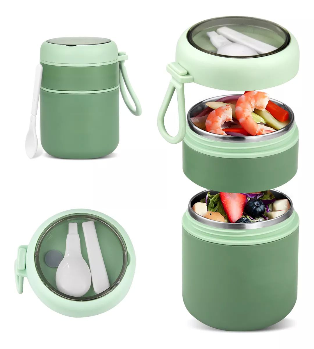 Lonchera Termica Acero Inoxidable De 710ml Incluye Cuchara color VERDE