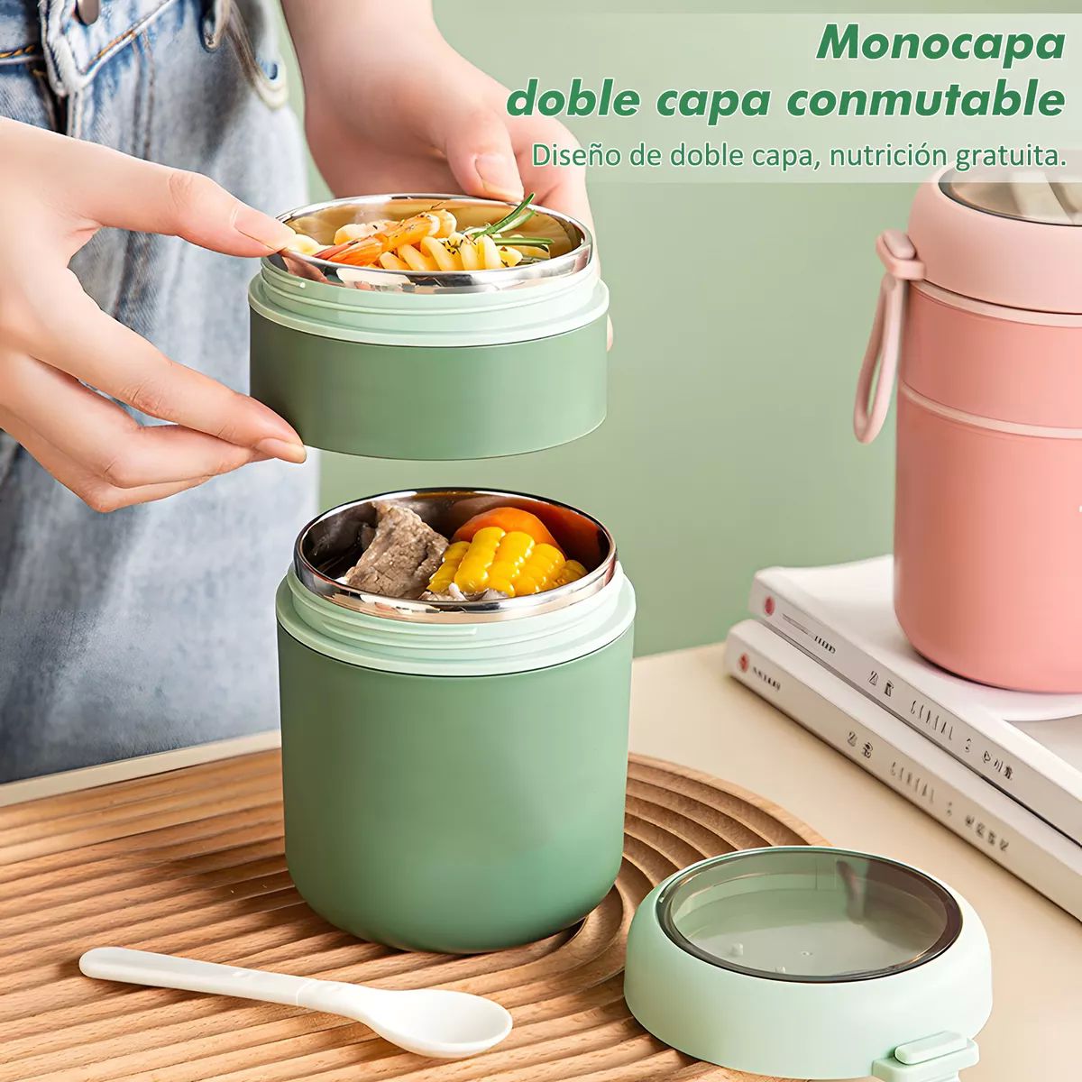 Lonchera Termica Acero Inoxidable De 710ml Incluye Cuchara color VERDE