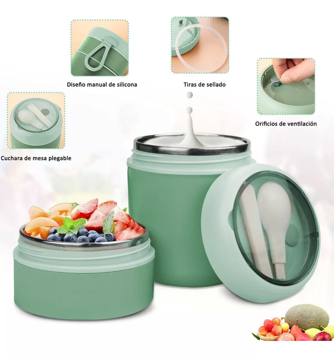 Lonchera Termica Acero Inoxidable De 710ml Incluye Cuchara color VERDE