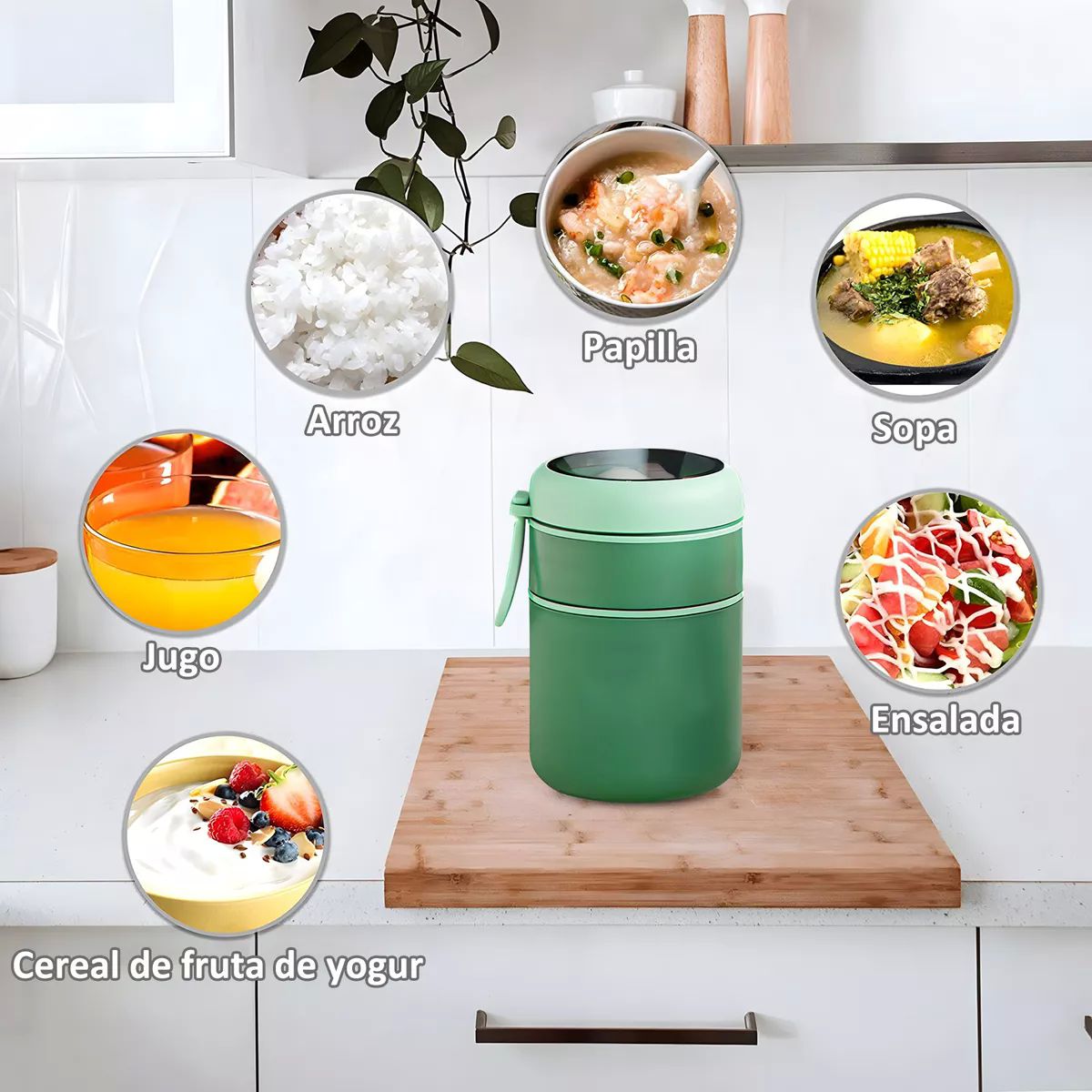 Lonchera Termica Acero Inoxidable De 710ml Incluye Cuchara color VERDE