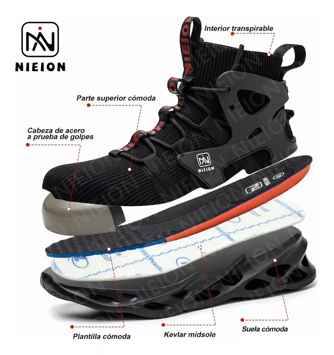 Tenis De Seguridad Zapatos Trabajo Anti-pinchazos Nieion TALLA 27 color NEGRO