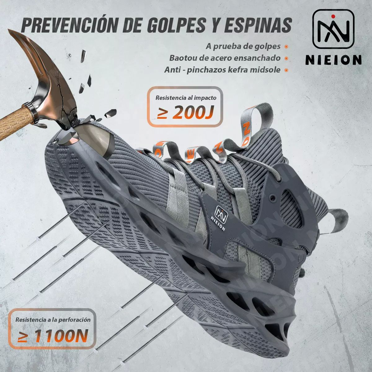Tenis De Seguridad Zapatos Trabajo Anti-pinchazos Nieion TALLA 27 color GRIS